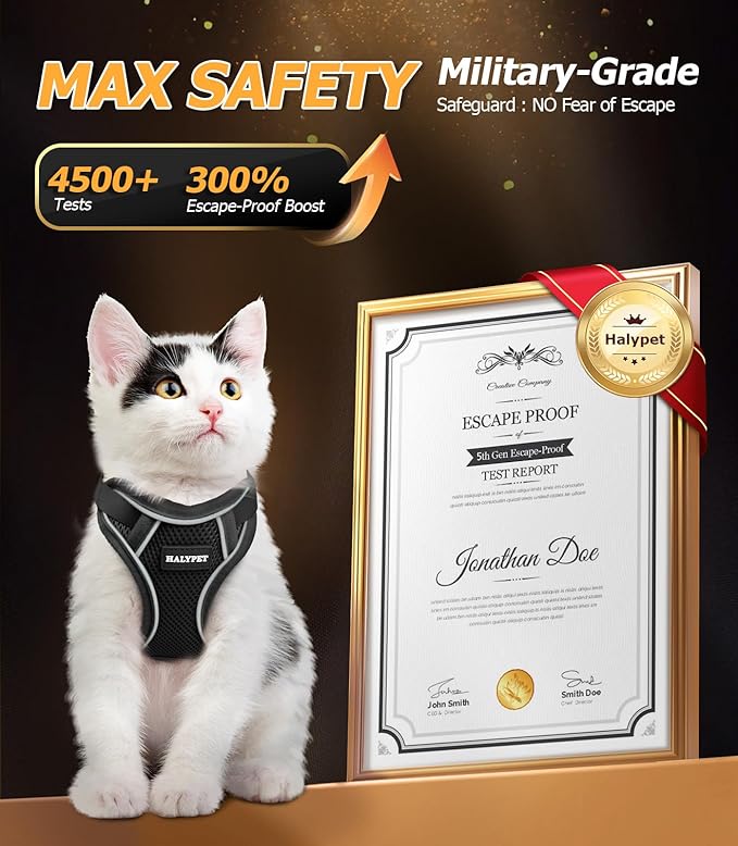 Halypet Cat Harness and Leash Set [MAX Safety 4th-Gen Upgrade] Escape Proof Adjustable Cat Leash Comfortable Soft Vest Easy to Wear Kitten Harness with Reflective Strip for Cats Walking, S Black