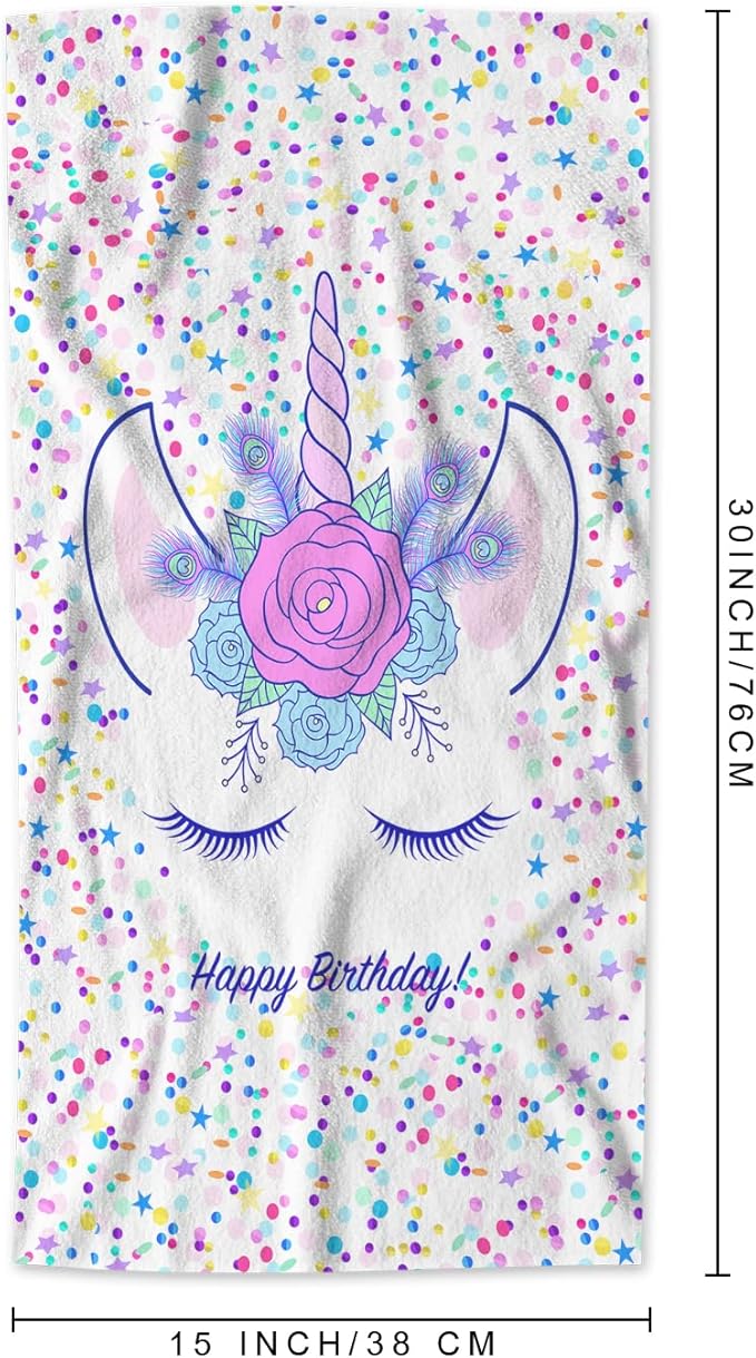 AOYEGO Animal Unicorn Hand Towel Floral Feather Happy Birthday Blessed Quote Hand Drawn Star Dots Towels Cotton Face Towel Bath Kitchen Decor Set for Women Men Girls Boys 15x30 Inch