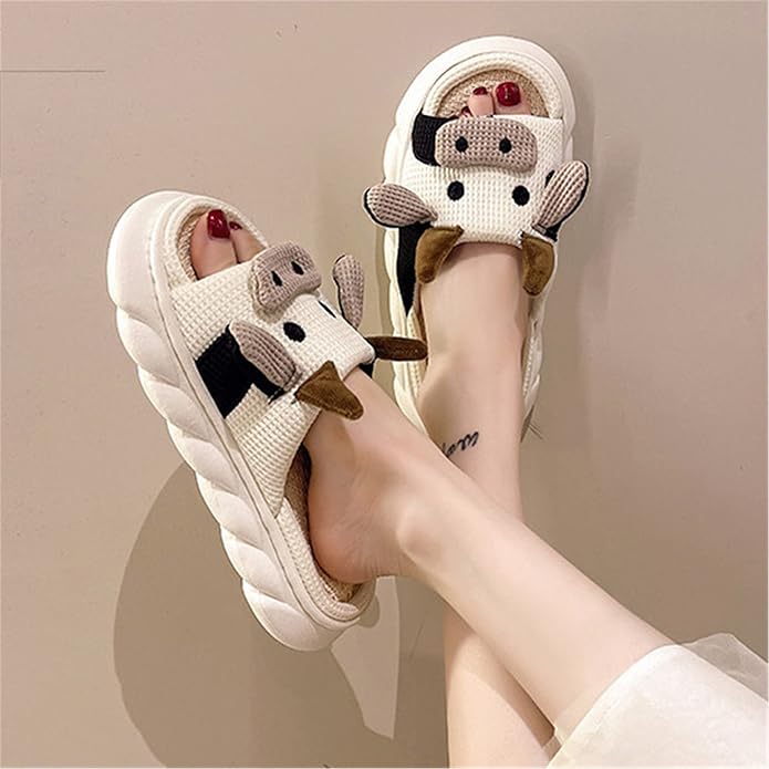 AZCHEN Women's Animal Cartoon Pig Slippers - Cute and Comfortable Linen Plush Slippers for Home