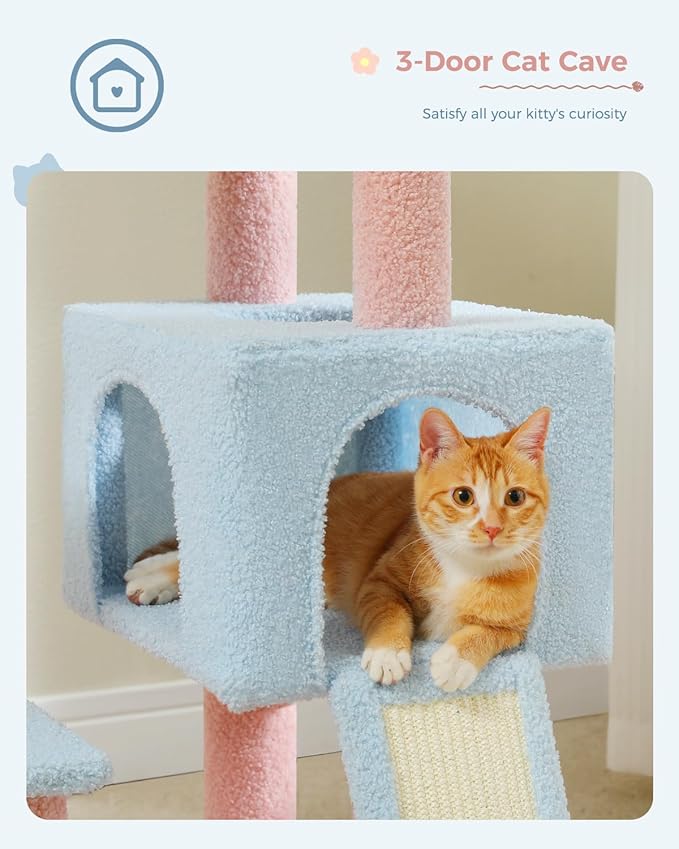 Flower Cat Tree 47.2" Multi-Level Cat Tower with Sisal Covered Scratching Posts, Cute Cat Condo for Indoor Small Medium Cats, Pink Top Perch, Ramp, Fluffy Ball, Blue