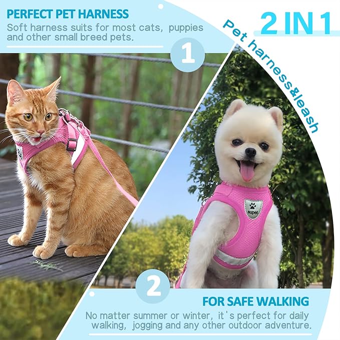 Supet Cat Harness and Leash Set - Soft Mesh Adjustable Cat Vest Harness with Reflective Strap for Walking Cat and Puppy Rabbit