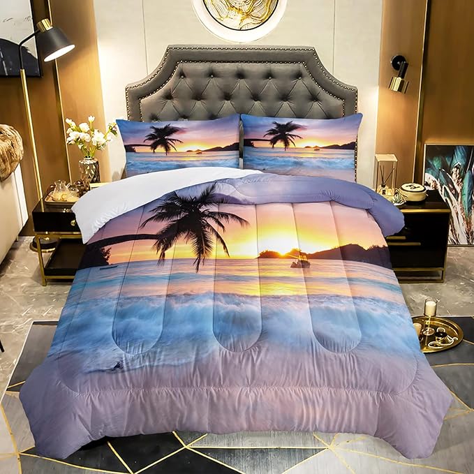 AILONEN Beach Comforter Set for Kids Boys Girls, Ocean Theme Bedding Set Queen Size,Beach Pattern Quilted Duvet,Ultra Soft Coastal Beach Quilt,1 Comforter 2 Pillowcases 3 Piece