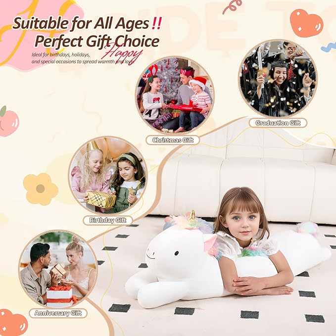 40inch Giant Unicorn Stuffed Long Pillow Plush Toy, Soft Rainbow Horse Large Stuffed Animals, Squffy Sleeping Unicorn Plushies Gift for Kids Boys Girls Birthday