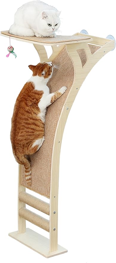 Cat Window Perch with Scratcher Ramp, 48" Climbing Tree Suctions Cups to Window Maximum Hold Up to 45lb, Wood Window Shelf for Small Medium Indoor Cats