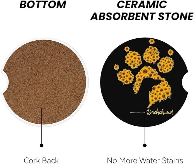 Absorbent Ceramic Car Coasters for Cup Holders, Dachshund Sunflower Dog Paw Design 2.56" Anti Slip Universal Drink Cup Coasters for Women Men (2 Pack)