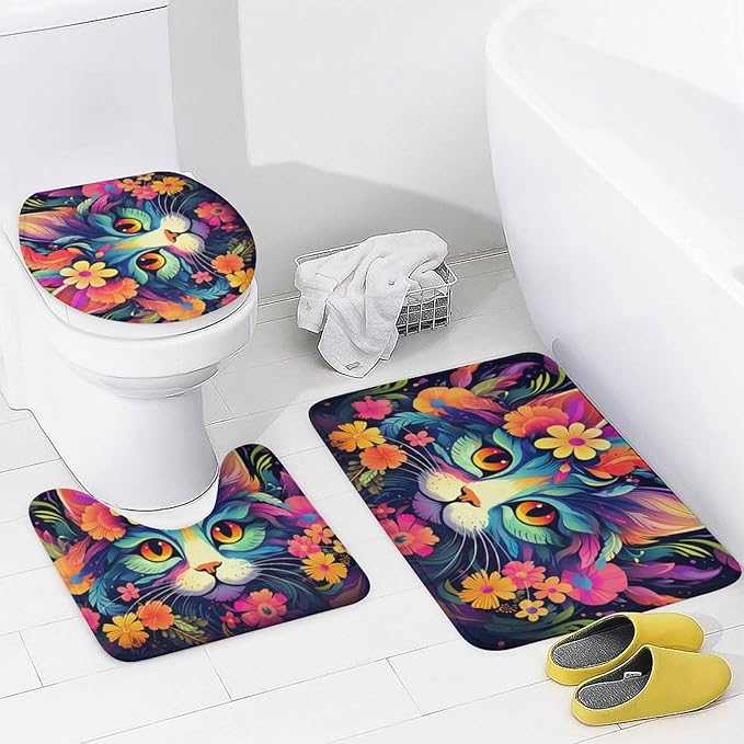 4 Pieces Colorful Abstract Cat Shower Curtain Set Funny Flower Animals Glam Bathroom Decor Sets with Rugs Bathroom Accessories Set Bathroom Curtain Shower Set with 12 Hooks