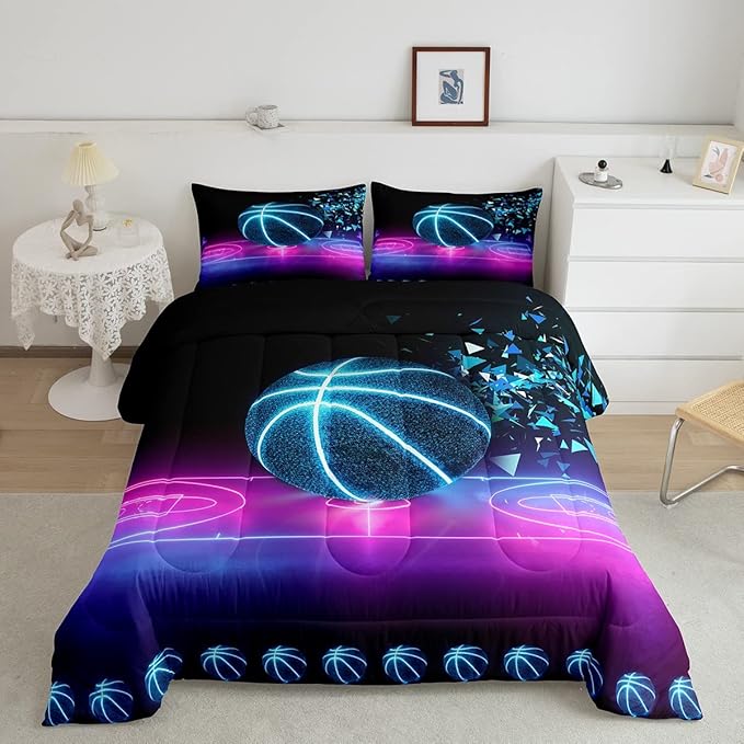 Basketball Comforter Set Full Size Neon Sport Bedding Set For Kids Boys Girls Teens Blue Purple Gradient Glowing Basketball Down Comforter Room Decor Lightweight 2 pillow cases Duvet Insert