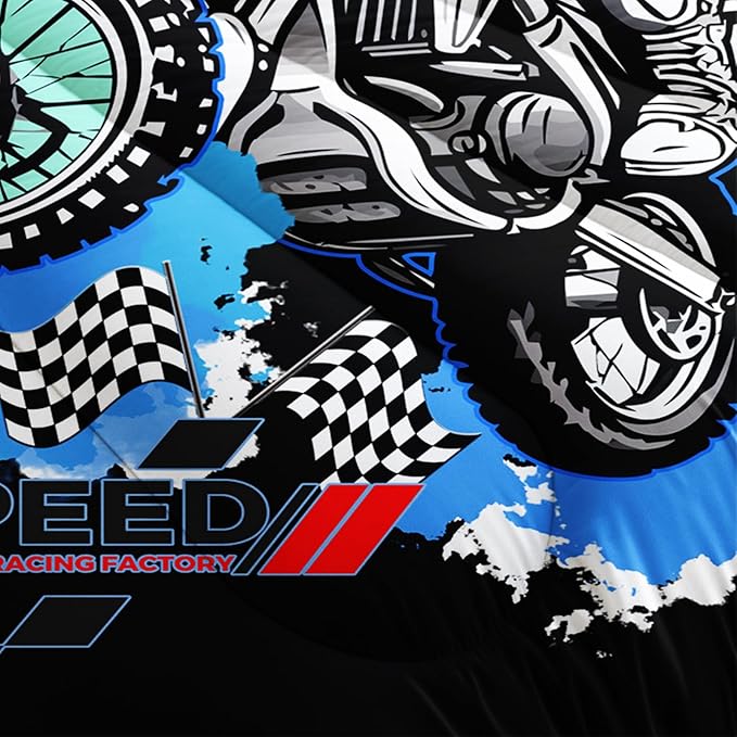 AILONEN Extreme Sport Dirt Bike Bedding Set for Kids Boys Men, Queen Size Blue Black Motocross Comforter with 2 Pillowcases,3 Pieces