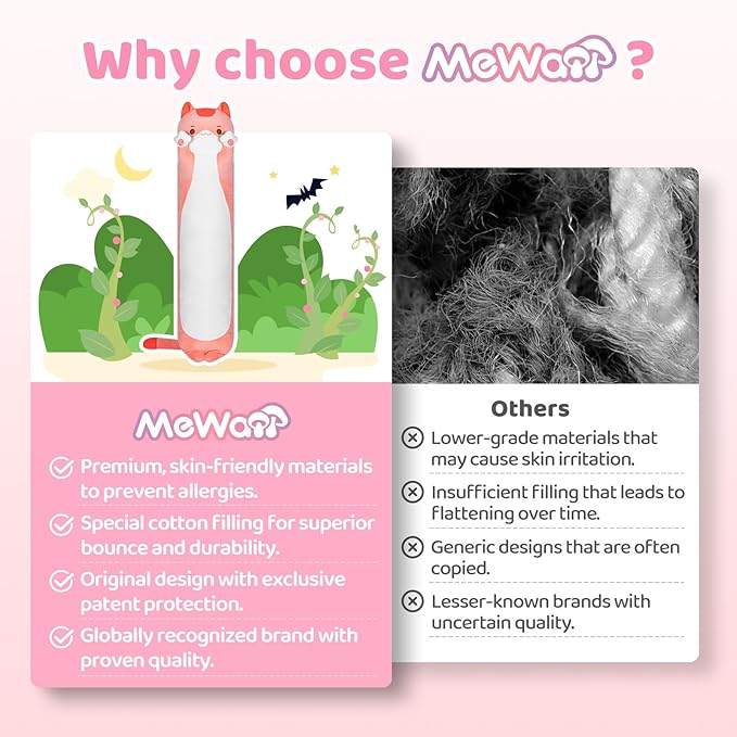 Artist-Designed Ultra Soft Long Cat Plush Body Pillow, Extra Stuffing for Comfort, Premium Quality Stuffed Animal Gift for Girlfriend or Cat Lovers (Pink Cat Body Pillow 28 Inch)