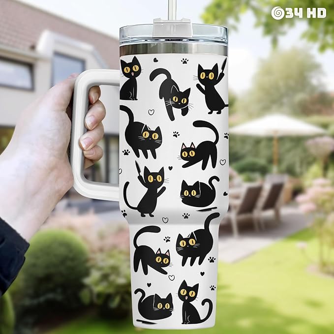 34HD Black Cat Coffee Tumbler with Handle and Straw, 40oz Stainless Steel Insulated Kitty Mug with Lid, Cute Pet Gifts for Women Men on Birthday Mothers Day Halloween Christmas