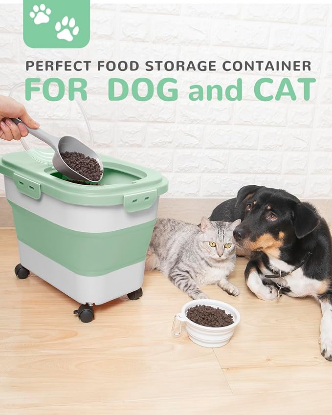 20-23 Lbs Dog Food Storage Container - Collapsible Dog Food Container with Attachable Casters and Scoop,Travel Silicone Bowl, Pet Food Storage Containers to Keep Dry Food Fresh,Easy to Move