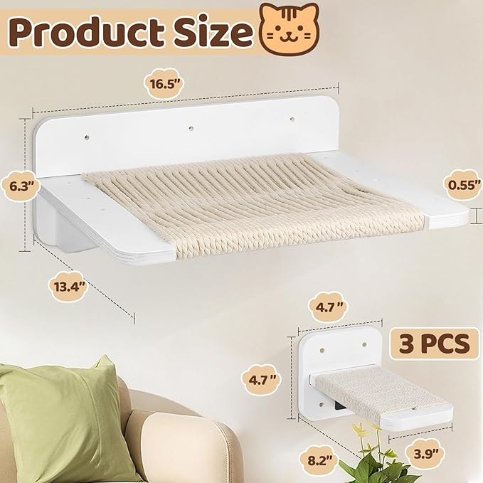 Cat Hammock Cat Wall Shelves with 3 Cat Wall Steps, Wall Mounted Cat Shelves and Perches with Hemp Rope Scratching, Cat Wall Furniture Climbing Shelves for Indoor Cats, Cat Bed and Stairs Set for Gift