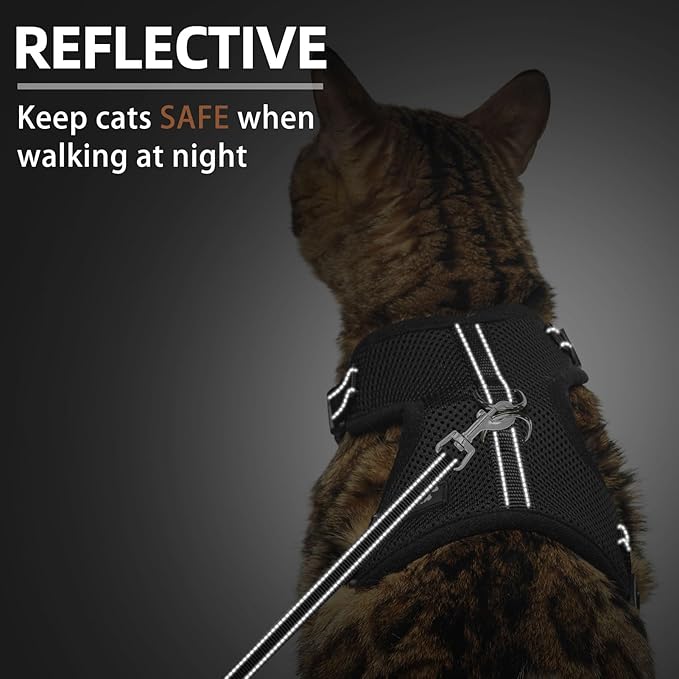 PUPTECK Cat Harness and Leash Set Escape Proof, Reflective Adjustable Soft Mesh Kitten Vest Harness for Walking Travel, Black, M