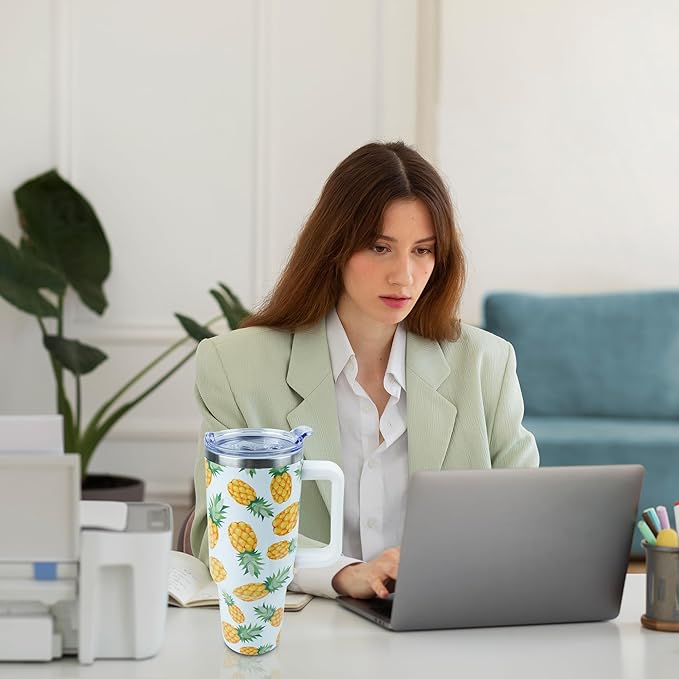 40 oz Tumbler with Handle and Straw, Stainless Steel Insulated Cup with Leak Proof Lid and Straw Lid, Keep Drinks Cold and Hot for Hours(Pineapple)