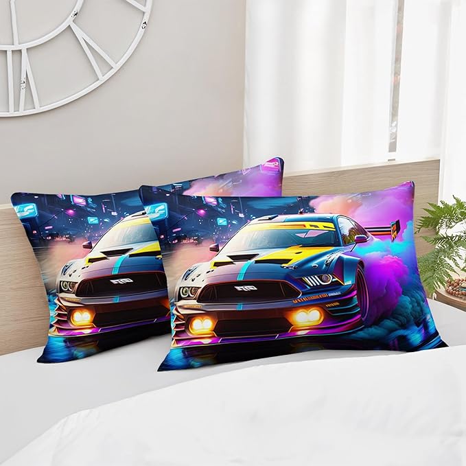 AILONEN Boys Kids Racing Car Bedding Set Twin Size,Neon City Speed Car Themed Soft Comforter with 2 Pillowcases for Room Decor,3 Pieces