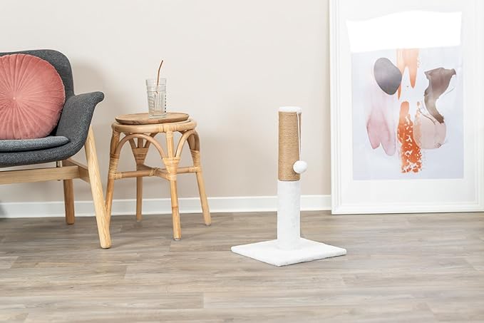 TRIXIE Ella 20.5" Cat Scratching Post, Sisal Cat Scratcher with Hanging Cat Toy, Plush Base, White & Brown