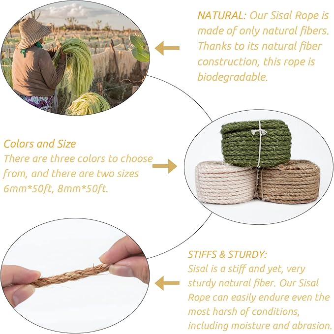 Sisal Rope for Cat Scratcher 1/4 Inch 50 Feet Cat Tree Rope Replacement Natural Hemp Rope, Thick Cat Scratching Post Rope for Indoor/Outdoor, Repairing, Recovering, DIY Scratcher (Brown)