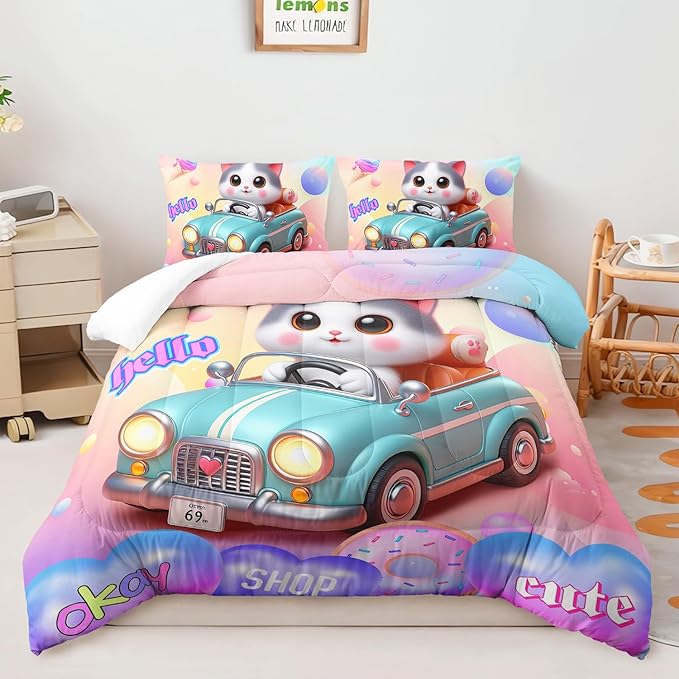 AILONEN Cute Cartoon Cat Comforter Set Twin Size for Kids Girls,Cat Racer Kawaii Rainbow Bedding Set,Funny Cat Kitten Comforter with 2 Pillowcases,3 Pieces for Bedroom