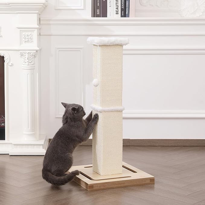 Cat Scratching Post, 32 Inches Large Cat Scratch Post for Adult Cats and Kittens, Nature Sisal,Wooden Base with Toy Balls, Modern Cat Scratcher for Indoor Cats, Protect Your Furniture, Beige