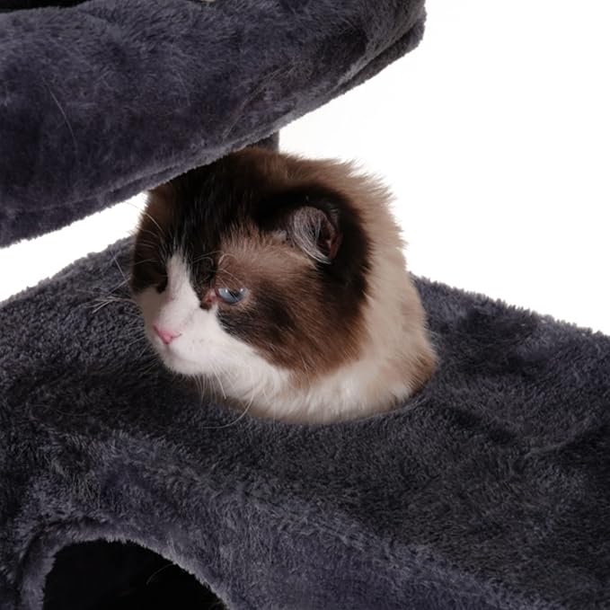 Heybly Cat Tree, Cat Tower for Indoor Cats,Multi-Level Cat Furniture Condo for Large Cats with 2 Padded Plush Perch, Cozy Basket and Scratching Posts HCT023G