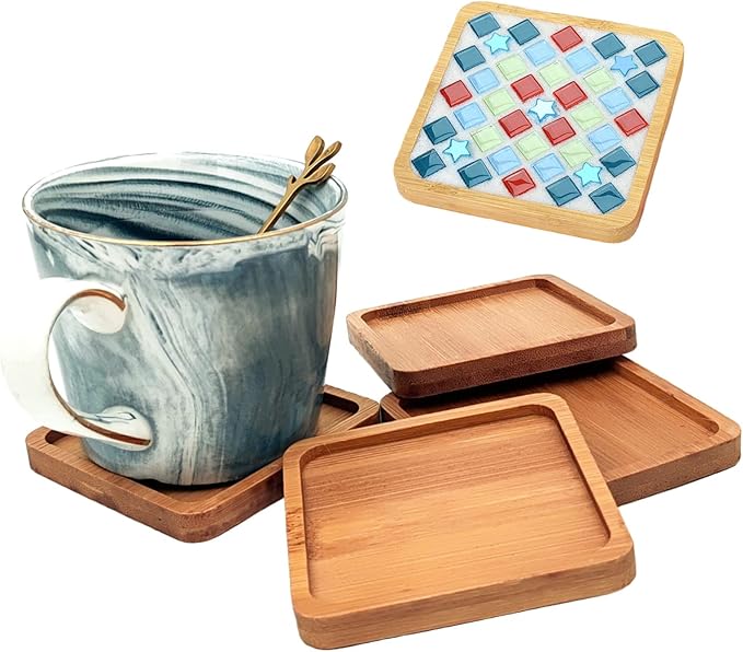 4PCS Mosaic Bamboo Coasters for Crafts, Blank Base Trays, Drinking Cup Coaster, Plant Coaster, Art Plate,DIY Mosaic Supplies (Square)