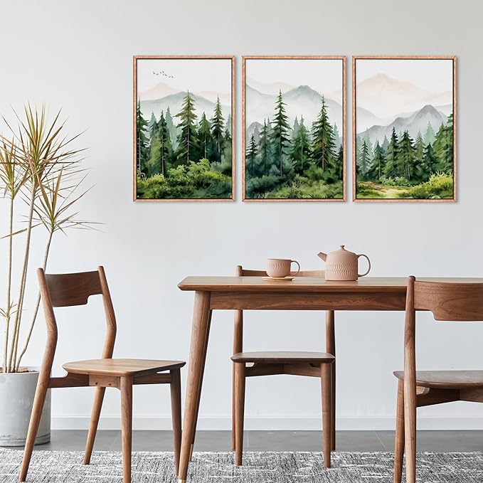 Ausril Watercolor Mountain Range Framed Canvas Wall Art Set, Green Forest Tree Wall Decor, Woodland Nursery Wall Painting, Modern Wilderness Art Print for Living Room, Bedroom, Office-16 x24 x3
