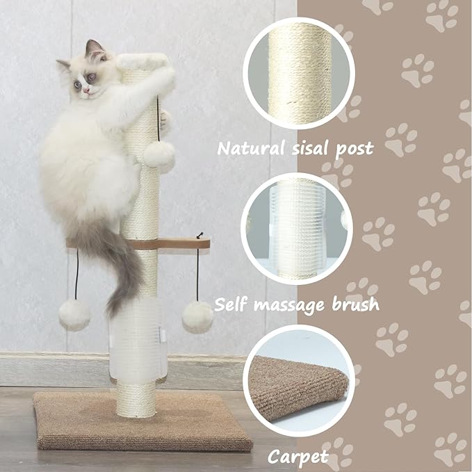 PAWSFANS Cat Scratching Post Sisal Vertical Scratcher Posts for Indoor Cats and Kittens,Three Hanging Ball Toy and Self-Grooming Brush,26inches Cat Scratch Pole Beige