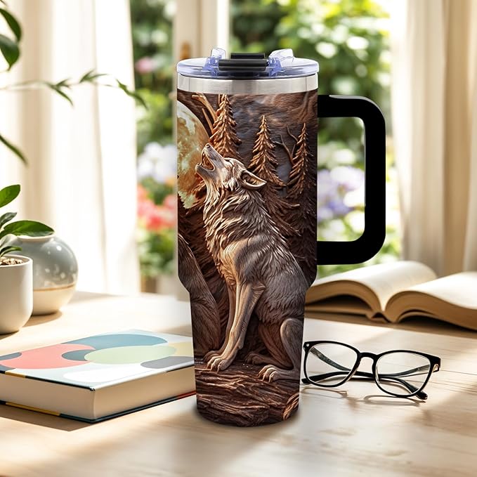 40 Oz Wolf Tumbler with Handle and Straw, Cool Stainless Steel Insulated Tumblers for Women Men, Birthday Gifts for Wolf Lovers Brother Dad