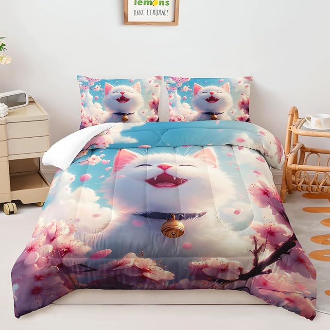 AILONEN Kids Kawaii Cat Bedding Set Twin Size,Girls Pink Flower Kitten Cat Comforter Set,Cute Pet Animal Printed Comforter with 2 Pillowcasess,3 Pieces