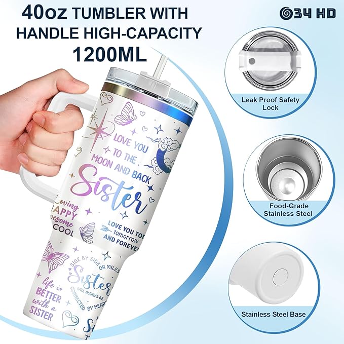 34HD 40oz Sister Tumbler with Handle and Straw, Vacuum Insulated Sis Coffee Mug, Soul Bestie Cup with Lid, Anniversary Birthday Gifts for Soul Sisters Women