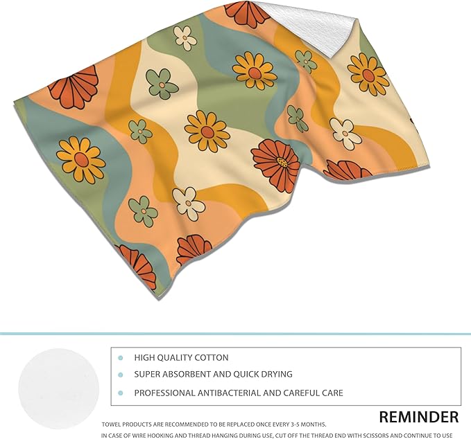 2 Pack Hand Bath Towel,Retro 70s Groovy Flower Hippie Fingertip Towel Bathtub Decorative Bath Towel Bathroom Kitchen Towel Set Highly Absorbent SPA Gym Towels 14x28 Inch