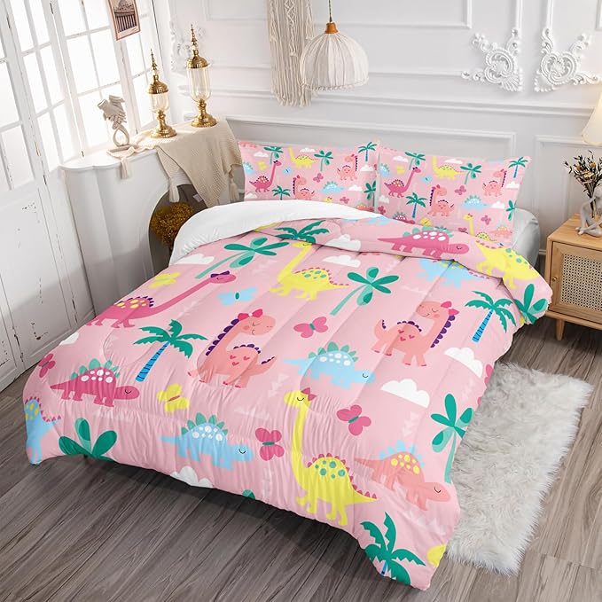 Axolotl Cute Dinosaur Comforter Set Twin,Colorful Dinosaur Girls Bedding Set,Dinosaurs Print Comforter Sets Botanical Palm Trees,Butterfly Bedding Set for Kids Girls Teens,1 Quilt 2 Pillowcases,Pink