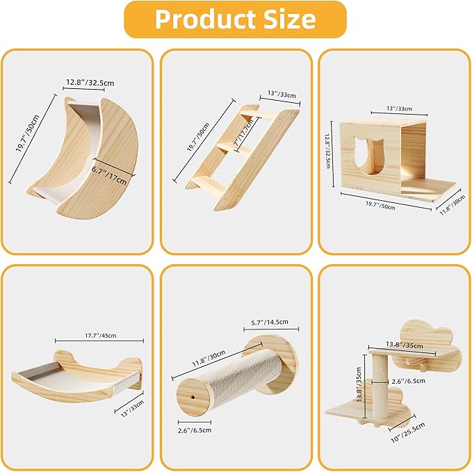 DWVO Cat Wall Shelves and Perches for Wall, Solid Wood Wall Mounted Cat Furniture, Set of 9 Cat Climbing Shelves with Moon Cat Wall House, Cat Wall Steps, Ladder, Scratching Post, Cat Hammock