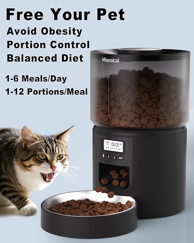 Automatic Cat Feeder Flexible Schedule Timer,6 Meals/Day,1-12 Portions/Meal,Dual Power Auto Feeder Dry Food Dispenser,10S Voice Record,for Cats & Small Dogs (Black,5.2L Stainless Steel Bowl)