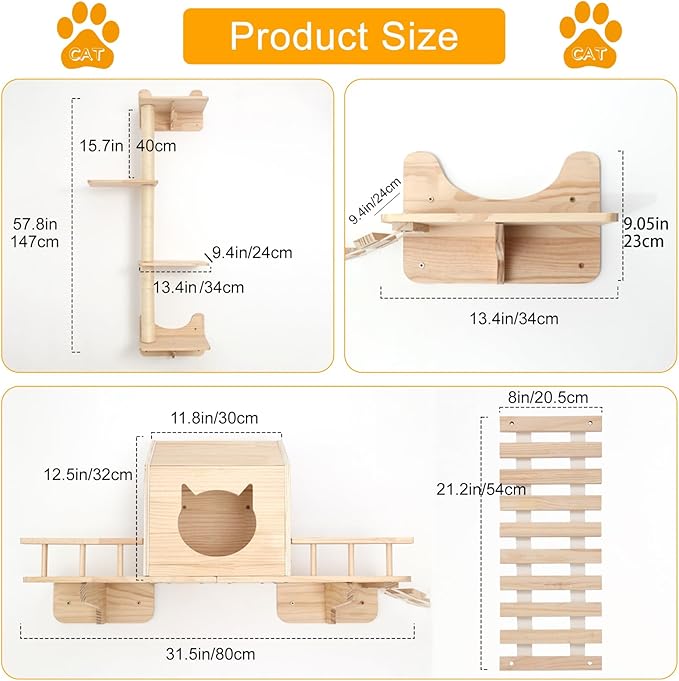 Cat Shelves for Wall, Cat Climbing Shelves Wall Mounted Cat Furniture Set, Cat Wall Shelf with 1 Cat Wall House, 1 Bridge Ladder, 3 Cat Scratching Post and 5 Steps