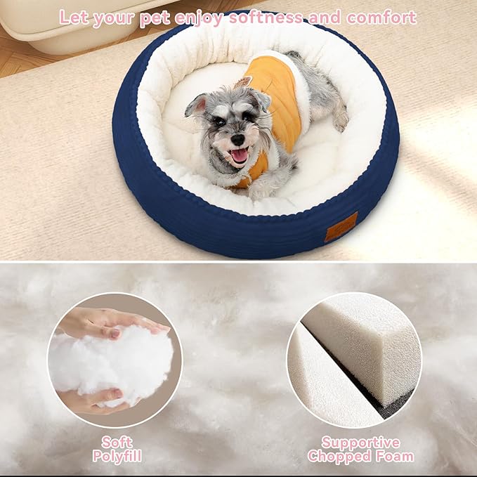 30in Round Cat Dog Bed for Large Medium Small Dogs Cats, Machine Washable Sleeping Sofa, Non-Slip Bottom Breathable Soft Calming Pet Cuddler for Indoor/Outdoor/Car/Cage, Navy Blue
