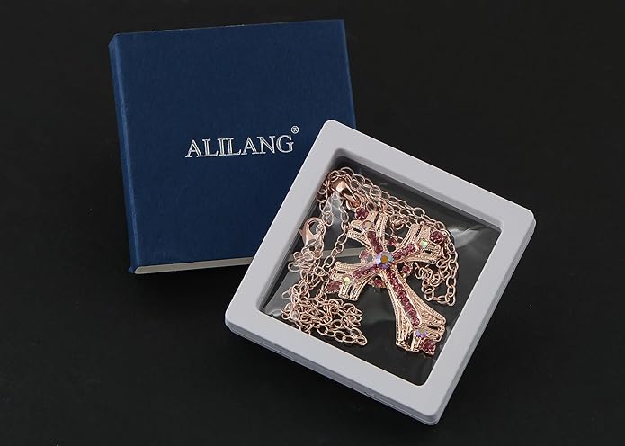 Alilang Silvery Tone Religious Cross Pendant Necklace w/Aquamarine Blue Or Clear Crystal Rhinestones