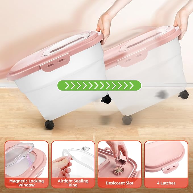 Airtight Pet Food Container, Collapsible Dog Food Storage Container 17-20 lb with Castors, Plastic Dog Food Bin with Pet Food Scoop & Measuring Cup for Dry Food Storage(red)