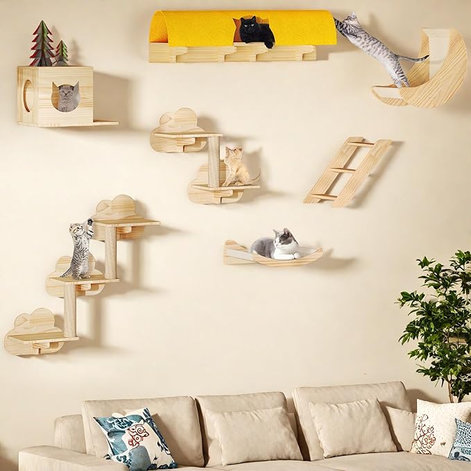 YITAHOME Solid Wood Cat Wall Shelves and Perches for Wall, Pine Wall Mounted Cat Tree Set of 13, Cat Climbing Shelves Playground Scratching Post with 5 Steps Indoor Mounted Moon Condos House