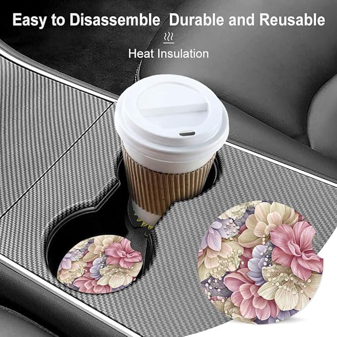 Absorbent Car Cupholder Coaster 2 Pack, Cute Car Coasters with a Finger Notch for Women & Men,2.56" Ceramic Stone & Non-Scratch Cork Base Drink Coasters, Cute Auto Accessories Gifts