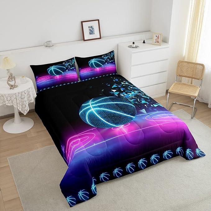 Basketball Comforter Set King Size Neon Sport Bedding Set For Kids Boys Girls Teens Blue Purple Gradient Glowing Basketball Down Comforter Room Decor Lightweight 2 pillow cases Duvet Insert