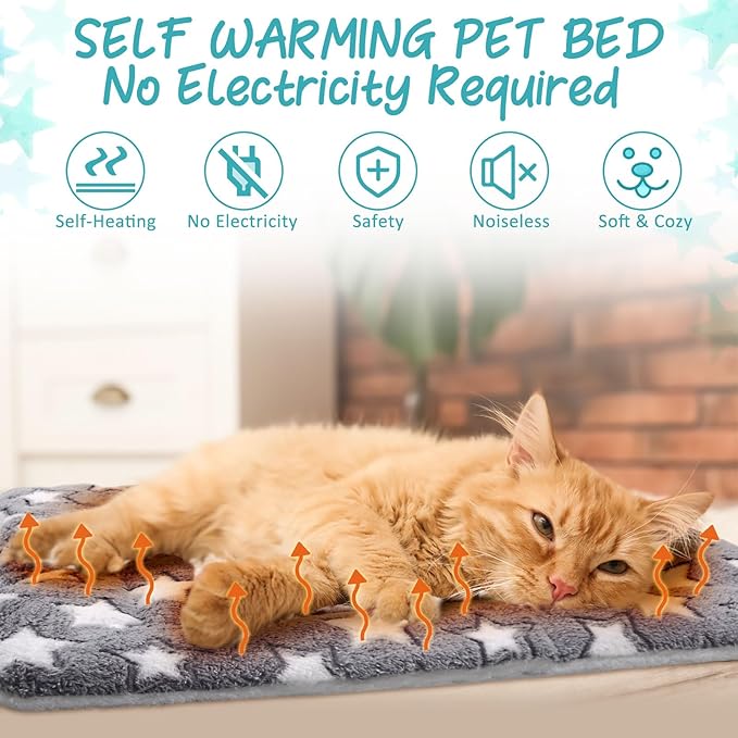 2 Pack Self Warming Cat Mat Self Heating Cat Pad Cat Bed Reversible Machine Washable Reflects Body Heat Warm Thermal Pet Pad Crate Blanket for Feral and Indoor Cat (Star,21" X 14")
