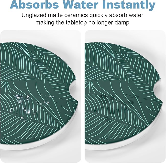 2 Pack Car Cup Holder Coasters, 2.63 inch Anti Slip Insert Absorbent Ceramic Coasters with Cork Base and Finger Notch, Cute Car Accessories Interior for Women