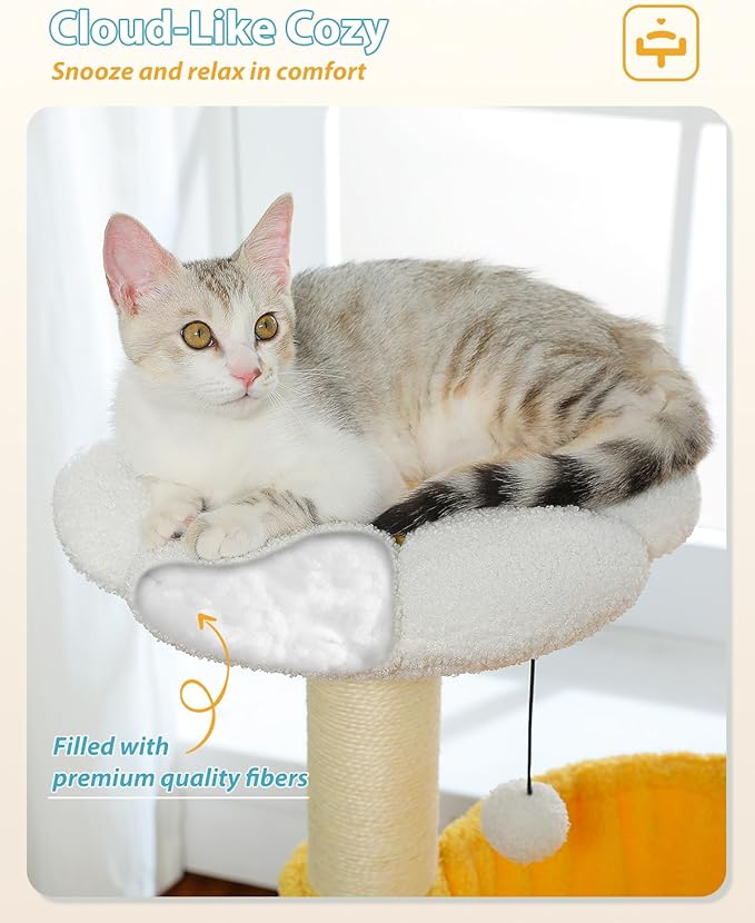 Cute Cat Tree with Flower Top Bed - Cloud Scratching Posts, 35" Small Cat Tower with Large Metal Frame Hammock for Indoor Cats, White Cat Condo for Kittens, Yellow
