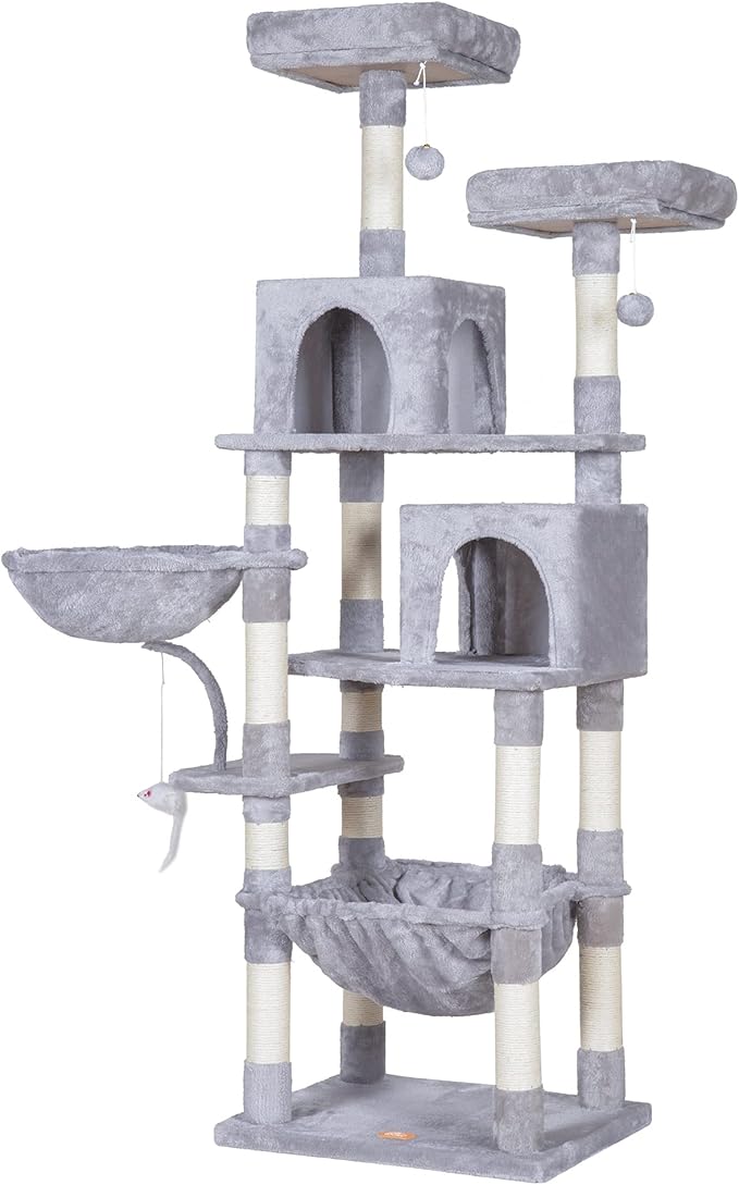 Heybly Cat Tree, 70 inches Tall Cat Tower condo with Toy for Indoor Large Cats, Cat House Furniture with Padded Plush Perch, Cozy Hammock and Sisal Scratching Posts,Light Gray HCT032W