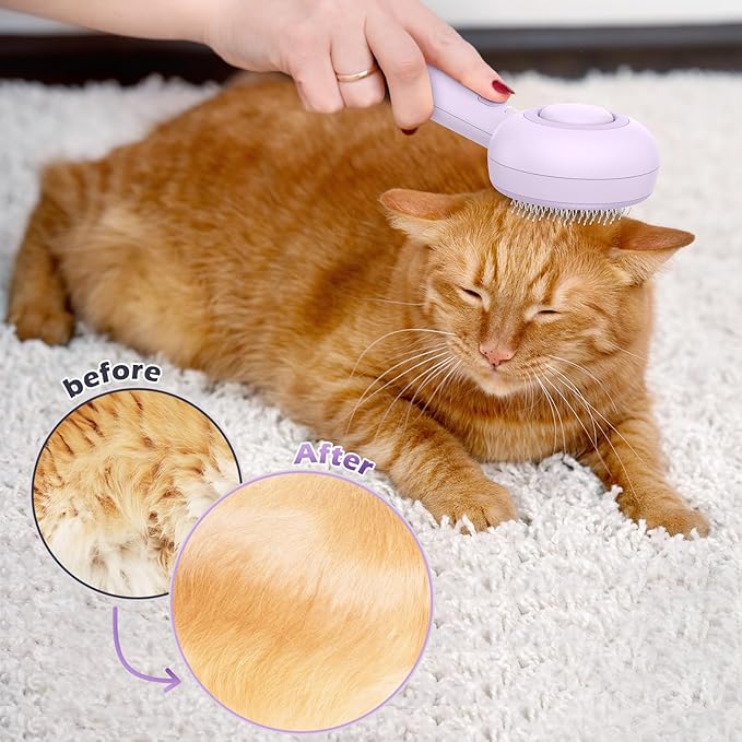 3 In 1 Steam Cat Brush with Release Button and Tank, Cat Brush for De-shedding that Effectively Remove Knots and Loose Hair, for Long and Short Hair Dogs and Cats