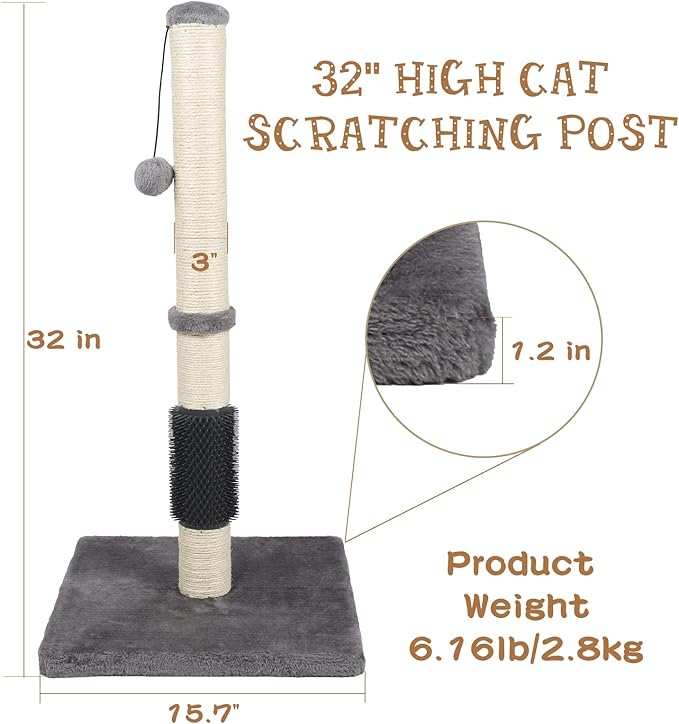 ANWA Tall Cat Scratching Posts for Indoor Cats and Kittens, 32” Vertical Scratching Post with Reinforced Base, Premium Sisal Cat Scratching Post with Dangling Plush Ball and Self-Grooming Brush