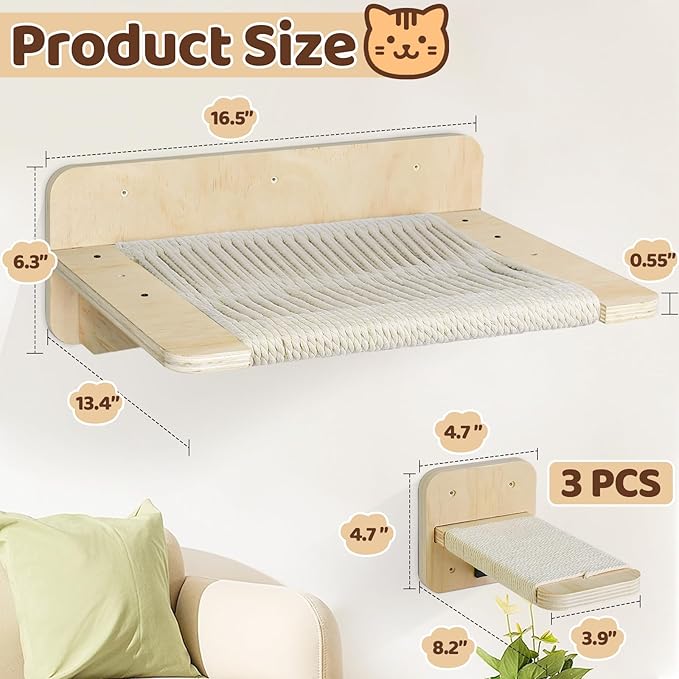 Cat Hammock Cat Wall Shelves with 3 Cat Wall Steps, Wall Mounted Cat Shelves and Perches with Hemp Rope Scratching, Cat Wall Furniture Climbing Shelves for Indoor Cats Set