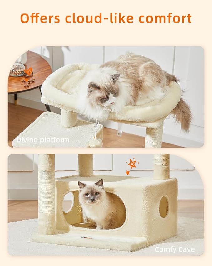Taoqimiao Cat Tree,37.8-Inch Cat Tower for Indoor Cats,2 Luxurious cat condo with Adjustable Large Hanging Baskets and Large Luxurious Perch Beige MS029M
