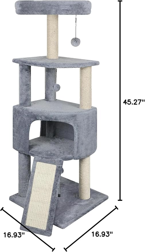 45in Cat Tree Tower with Big Cat Condo for Indoor Cats,Cat Tower Activity Center Cat Furniture with Scratching Post and Hanging Bed,Grey